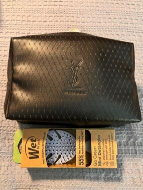 YSL PARFUMS Black Embossed Toiletry Pouch with Hair Care and Skincare Bundle